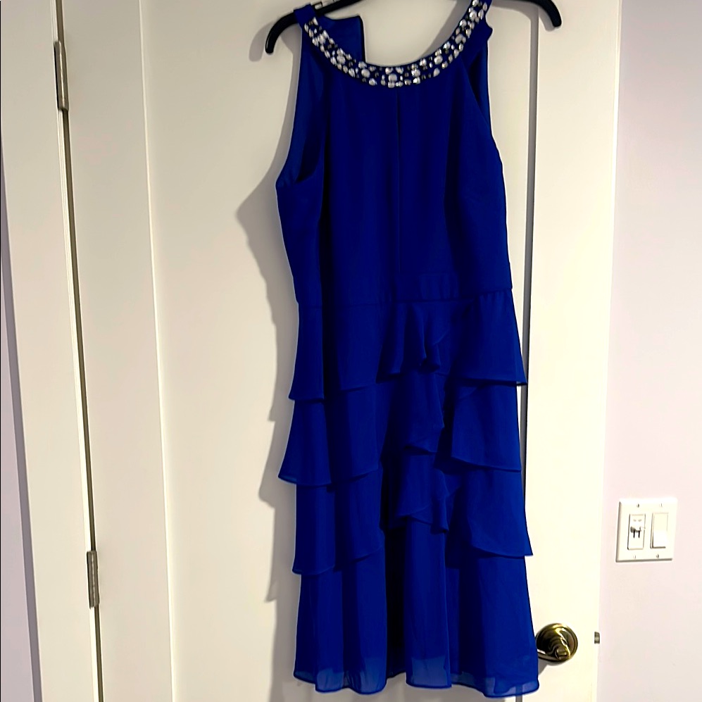 Blue Sleeveless Dress With Embellished Neckline